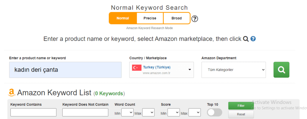 Keywordtooldominator.com sitesinden amazon anahtar kelime bulma aracını seçiyoruz. karşımıza araştırmak istediğimiz anahtar kelimeyi yazacağımız kutu, hangi ülkede araştırma yapmak istediğimiz kutu ve hangi kategoride araştırma yapmak istediğimiz kutu çıkıyor