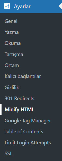 HTML Minify eklentisini kurduktan sonra ayarlar bölümünden eklentinin üzerine tıklanır ve eklentinin ayarlarına geçilir.