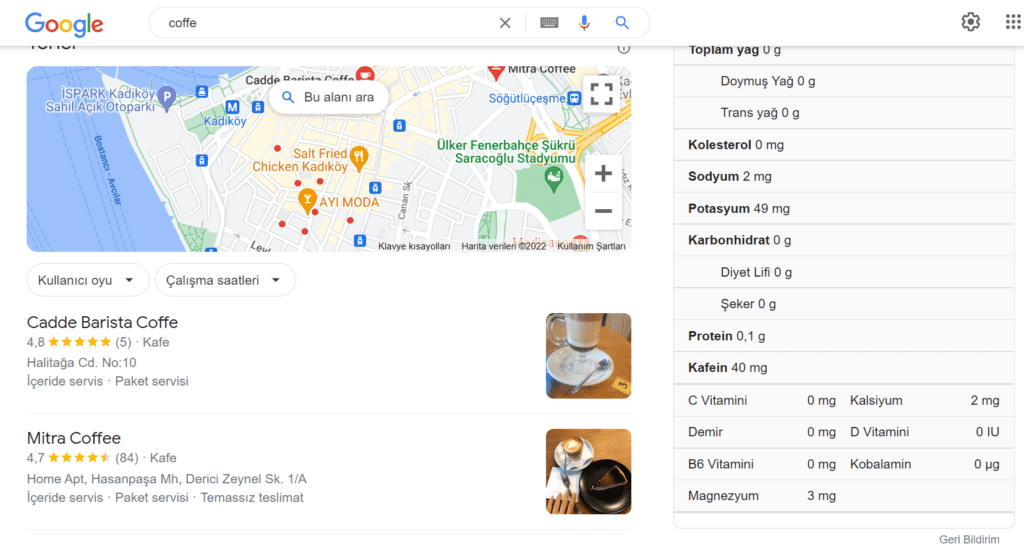 arama motoruna genel bir anahtar kelime olarak "coffe" yazdım ve google bana harita paketini sıraladı ve sağ tarafta harita üzerinde, sol taraftaki işletmeleri gösterdi.